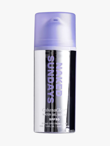 Naked Sundays CabanaClear Water Gel Serum Sunscreen SPF 50 in branded component on a light gray background