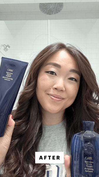 Selfie of Christa Joanna Lee after applying the Oribe Supershine Hydrating Shampoo and Conditioner