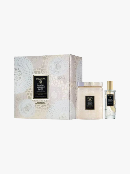 Voluspa Santal Vanille Jar Candle & Room Spray Set in branded components on a light gray background
